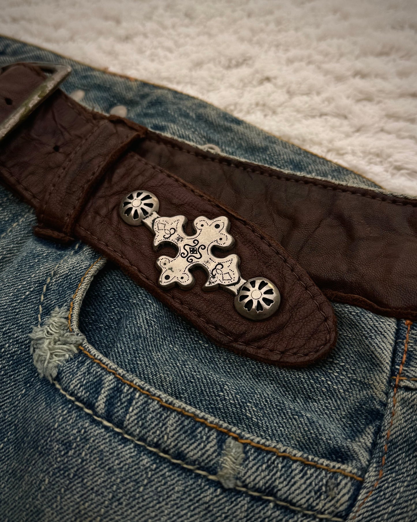 My Tribe Western Belted Steel Detailed Leather Repairs Flared Jeans