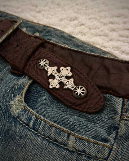 My Tribe Western Belted Steel Detailed Leather Repairs Flared Jeans