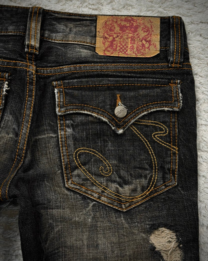 Casva Stitch Repaired Mud Washed Flared Jeans