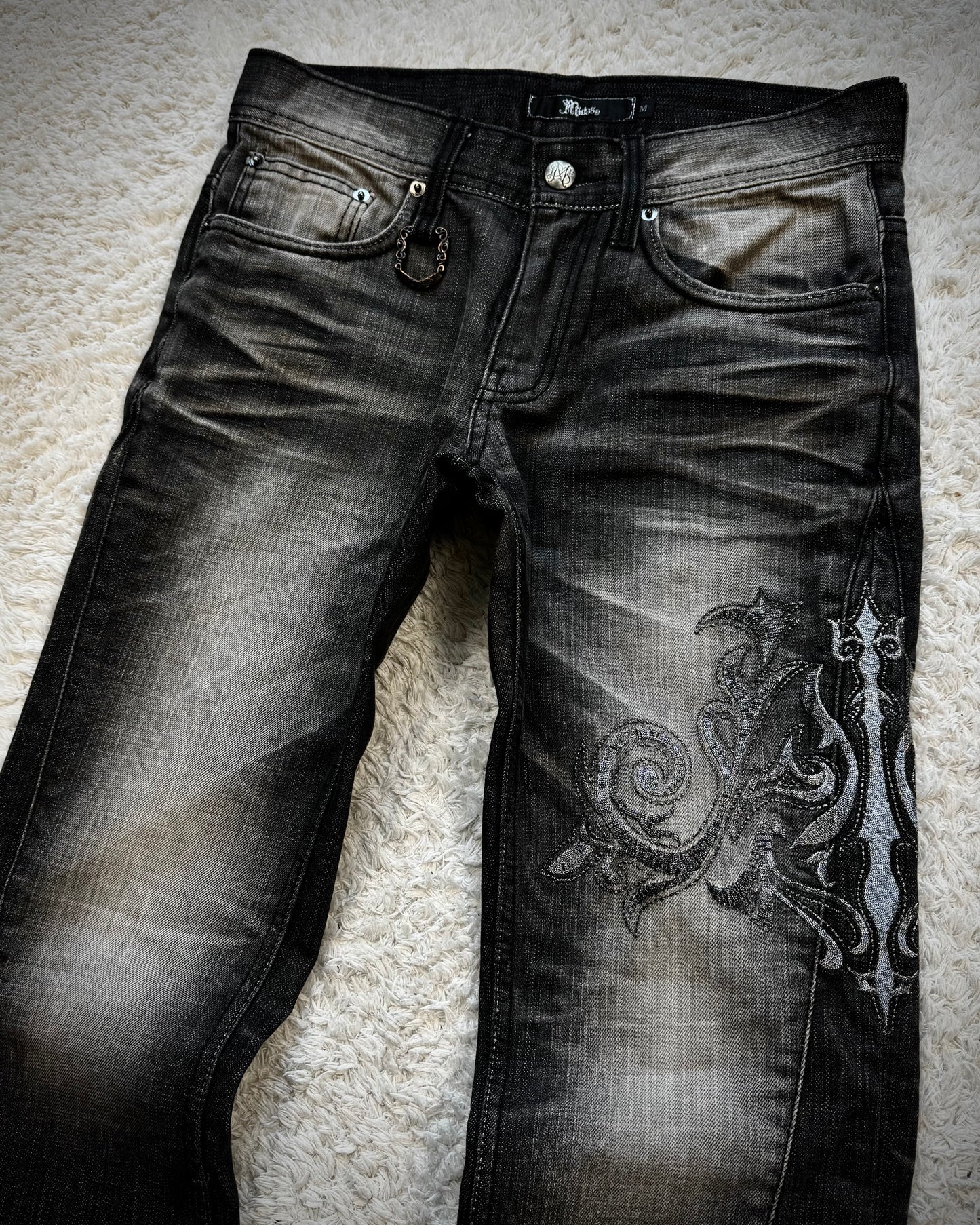 Midas Metallic Tribal Embroidery Spiral Flared Jeans