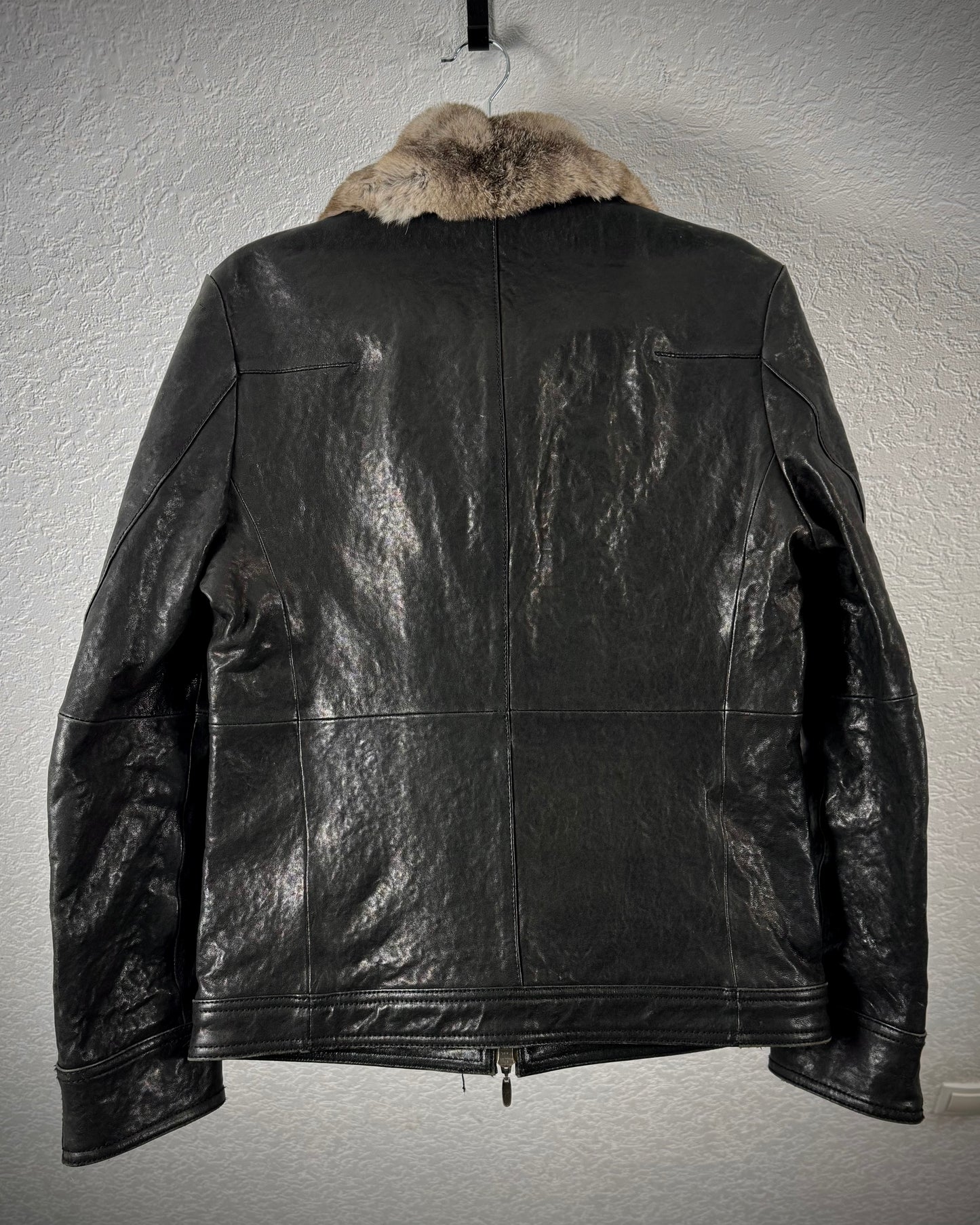 Comme Ca Men Rabbit Fur Collar Leather Jacket