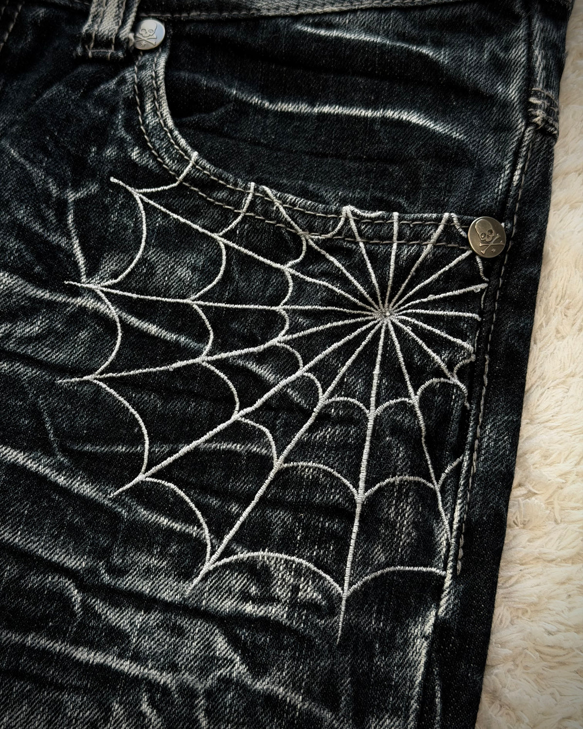 Wild Life Spider Web Honeycomb Washed Flared Jeans