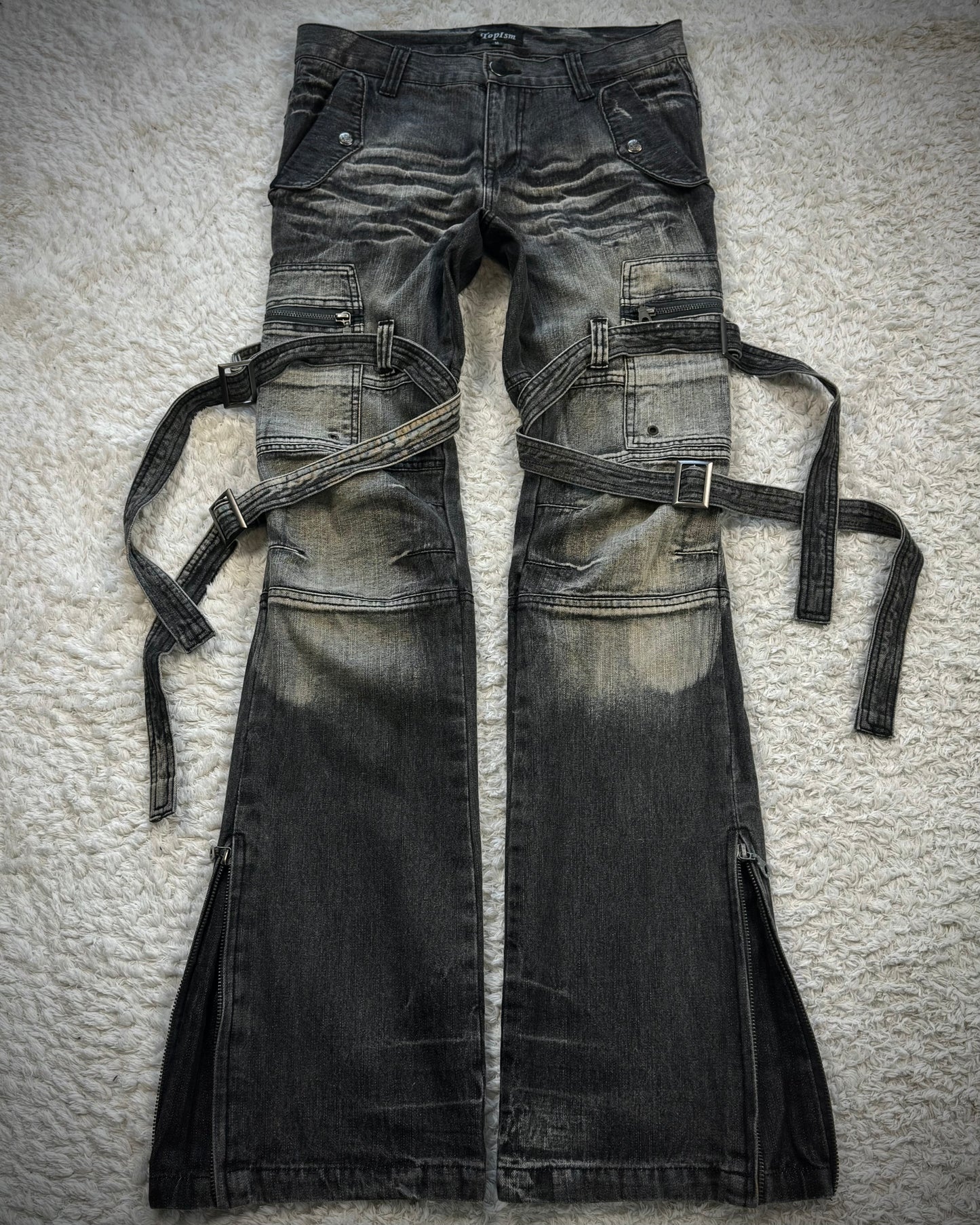 Topism Flared Whisker Washed Bondage Cargo Denim