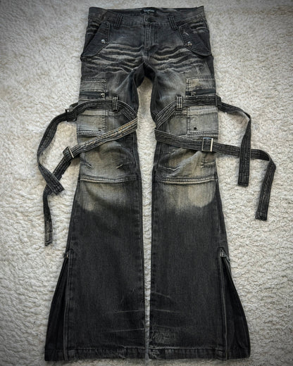 Topism Flared Whisker Washed Bondage Cargo Denim