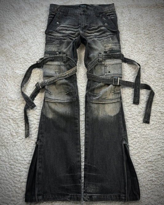 Topism Flared Whisker Washed Bondage Cargo Denim