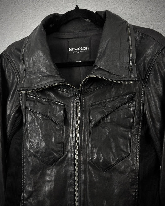 Buffalo Bobs Rib Knit High Neck Leather Jacket