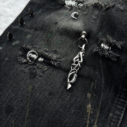 Shellac Pierced Studded Distressed Chain Bootcut Jeans