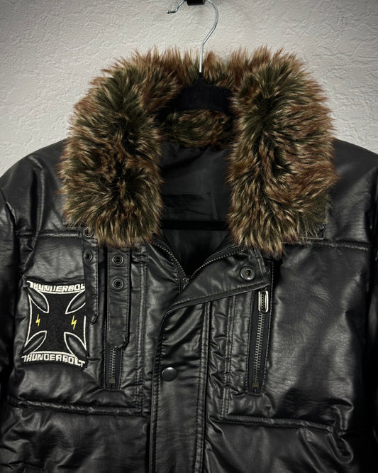 Point Chary Fur Collar Leather Light Puffer Jacket