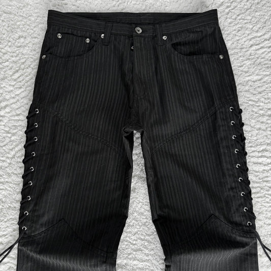 Semantic Design Pin Striped Thigh Lace Up Flared Slacks