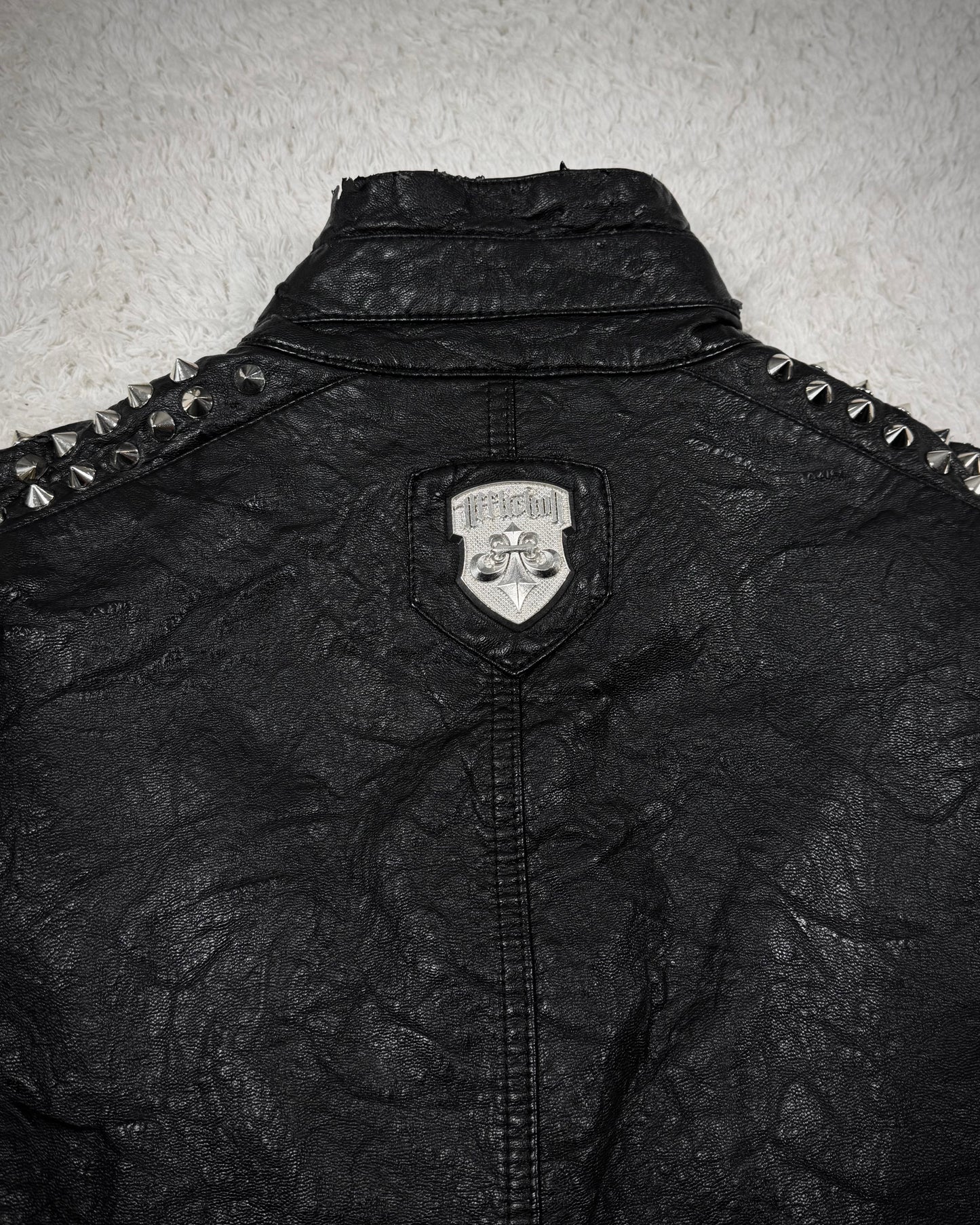 Affliction Spike Studded Metal Badge Leather Jacket