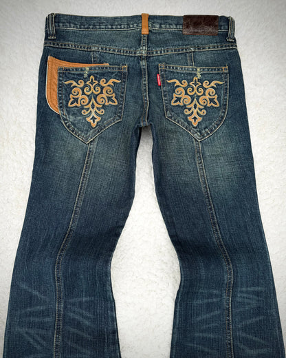 Tornado Mart Leather Tribal Mud Washed Flared Jeans