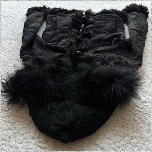 Sheepskin Leather Patchwork Hooded Hook Jacket