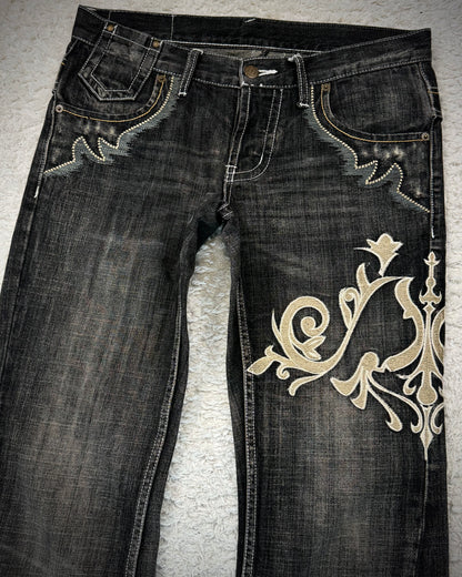 Tornado Mart Tribal Embroidery Spiral Flared Jeans