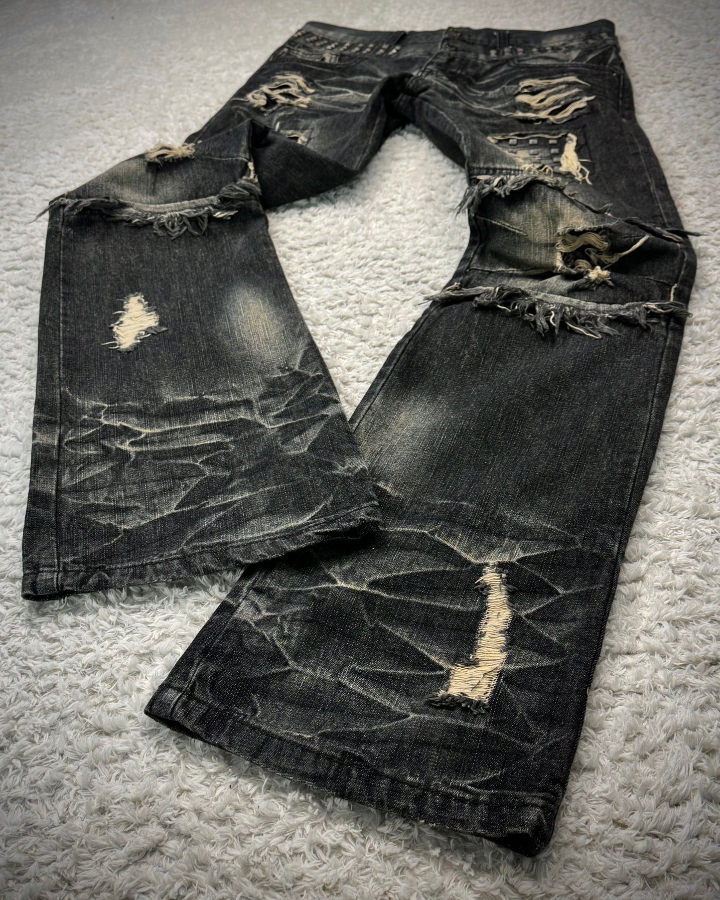 Lowbox Double Waisted Studded Repaired Flared Jeans