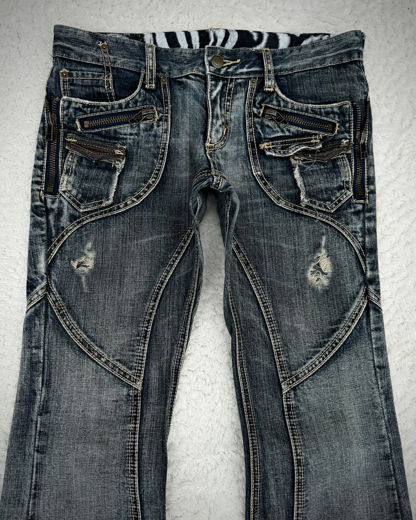 Tornado Mart Leather Detailed Paneled Construction Flared Jeans