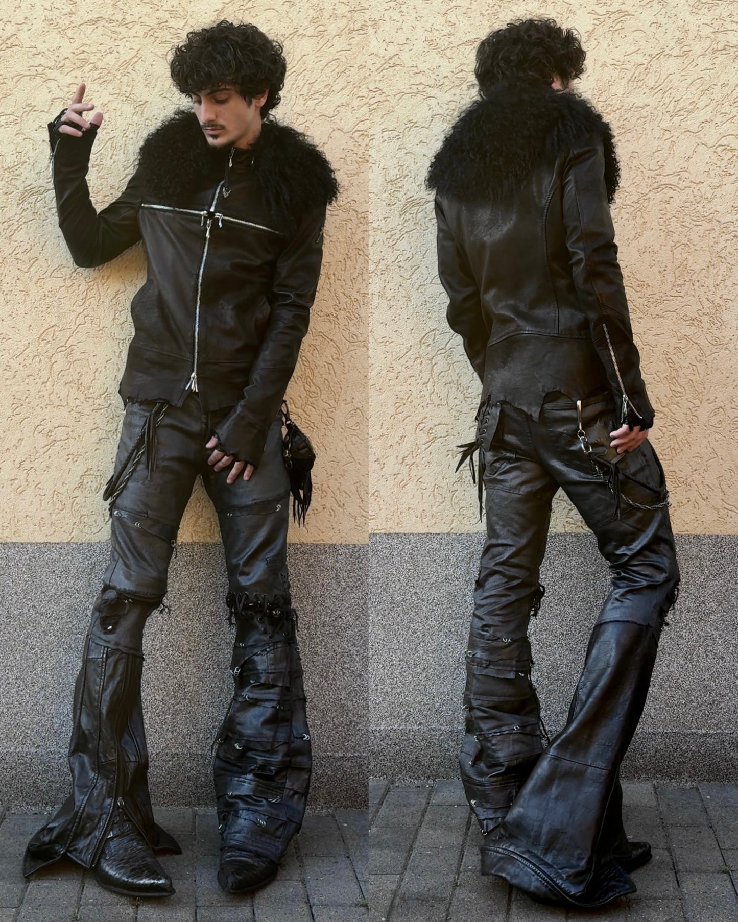 14th Addiction Mouton Fur Cross Zip Leather Jacket