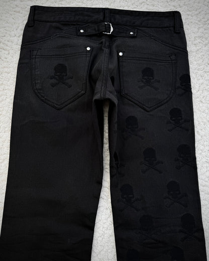 Semantic Design Skull Embroideries Waxed Bootcut Pants