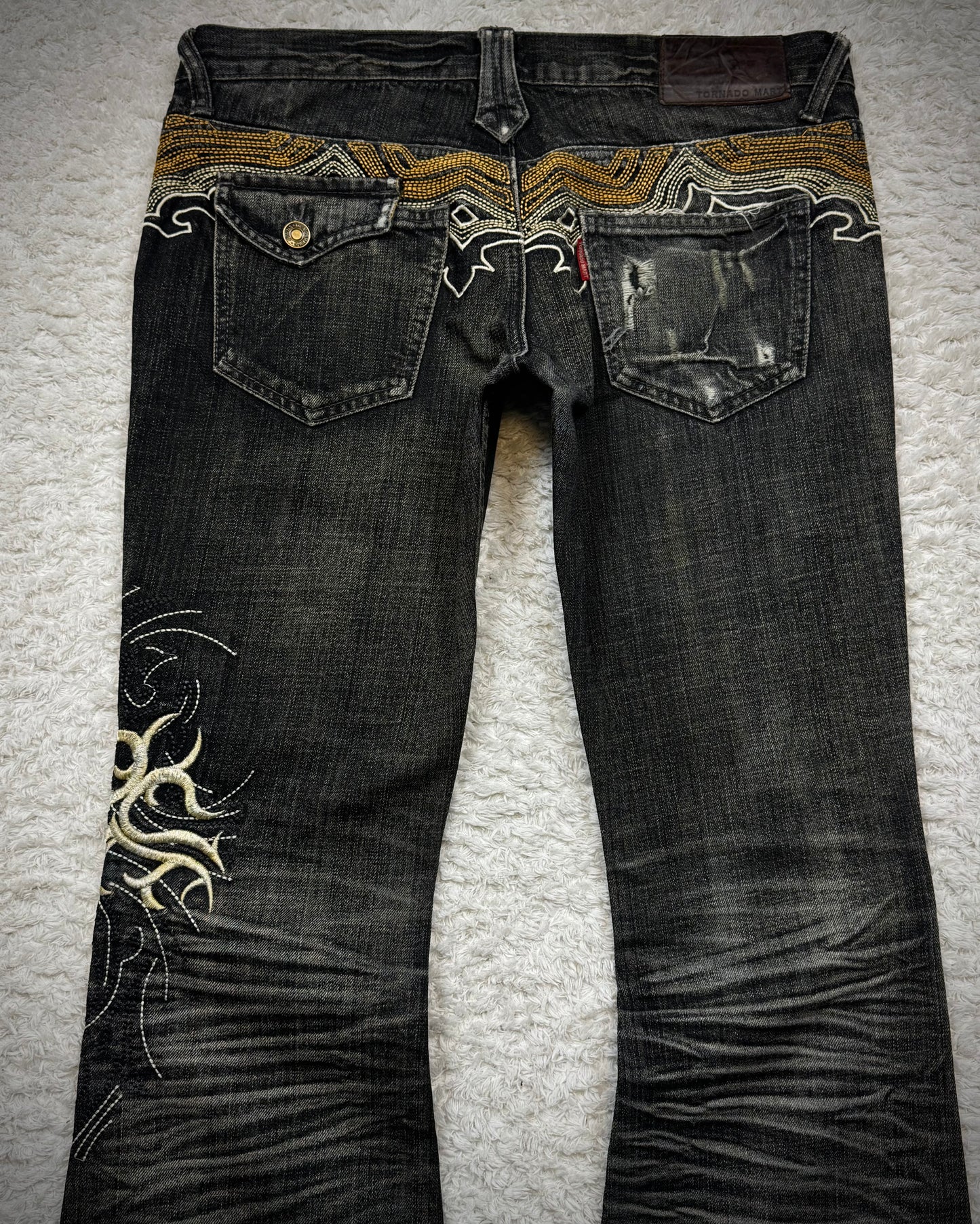 Tornado Mart Cyber Tribal Embroidery Flared Jeans