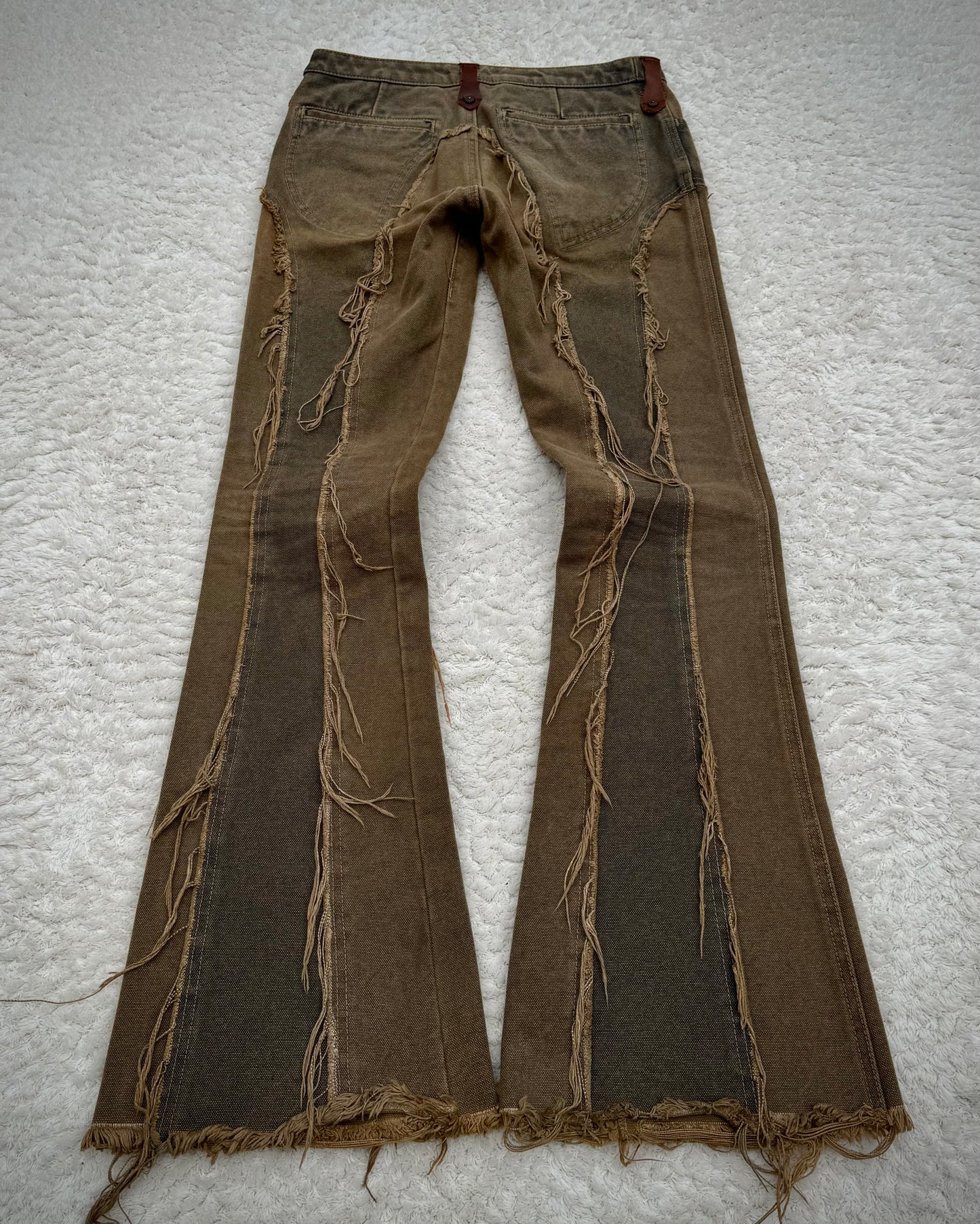 Obelisk Fringed Mud Washed Lace Up Flared Jeans