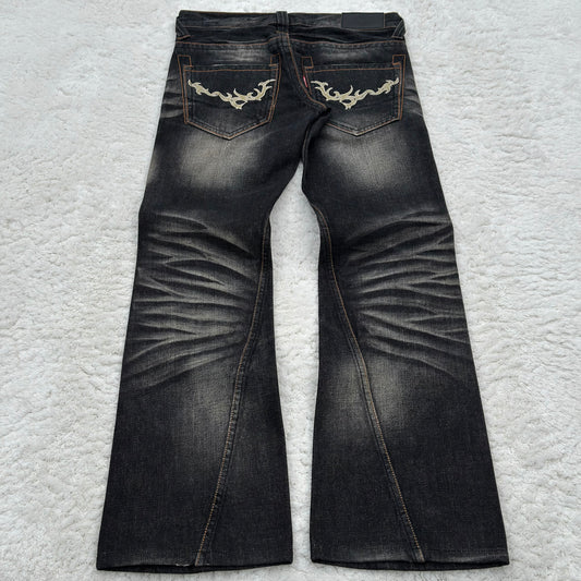 Tornado Mart Spiral Cut Tribal Embroidery Flared Jeans