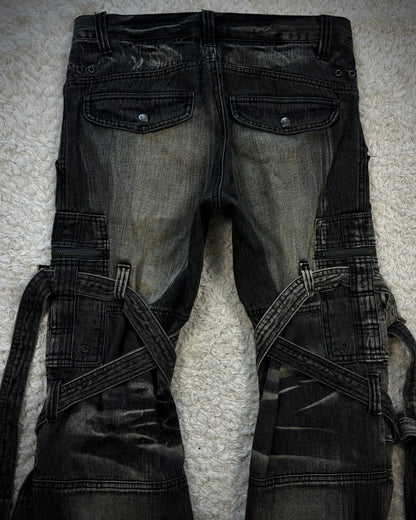 Topism Flared Whisker Washed Bondage Cargo Denim