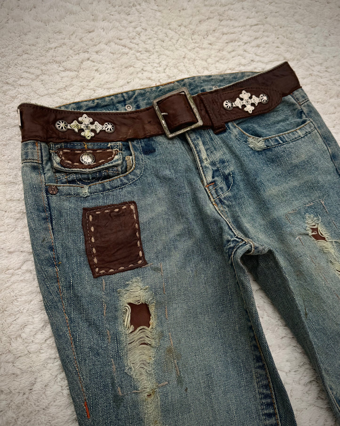 My Tribe Western Belted Steel Detailed Leather Repairs Flared Jeans