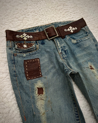 My Tribe Western Belted Steel Detailed Leather Repairs Flared Jeans