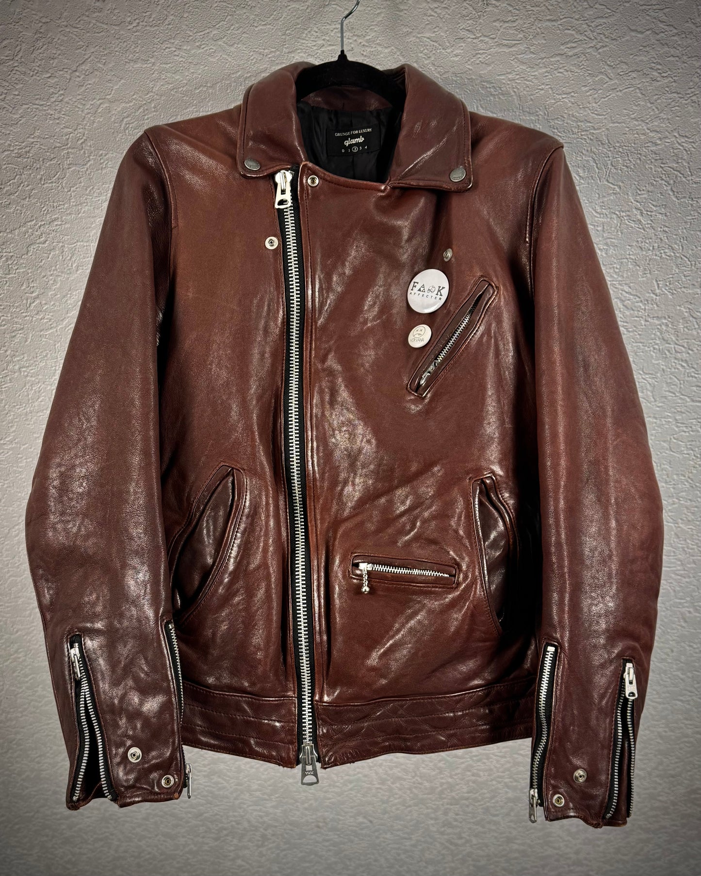 Glamb Oxblood Pinned Leather Biker Jacket