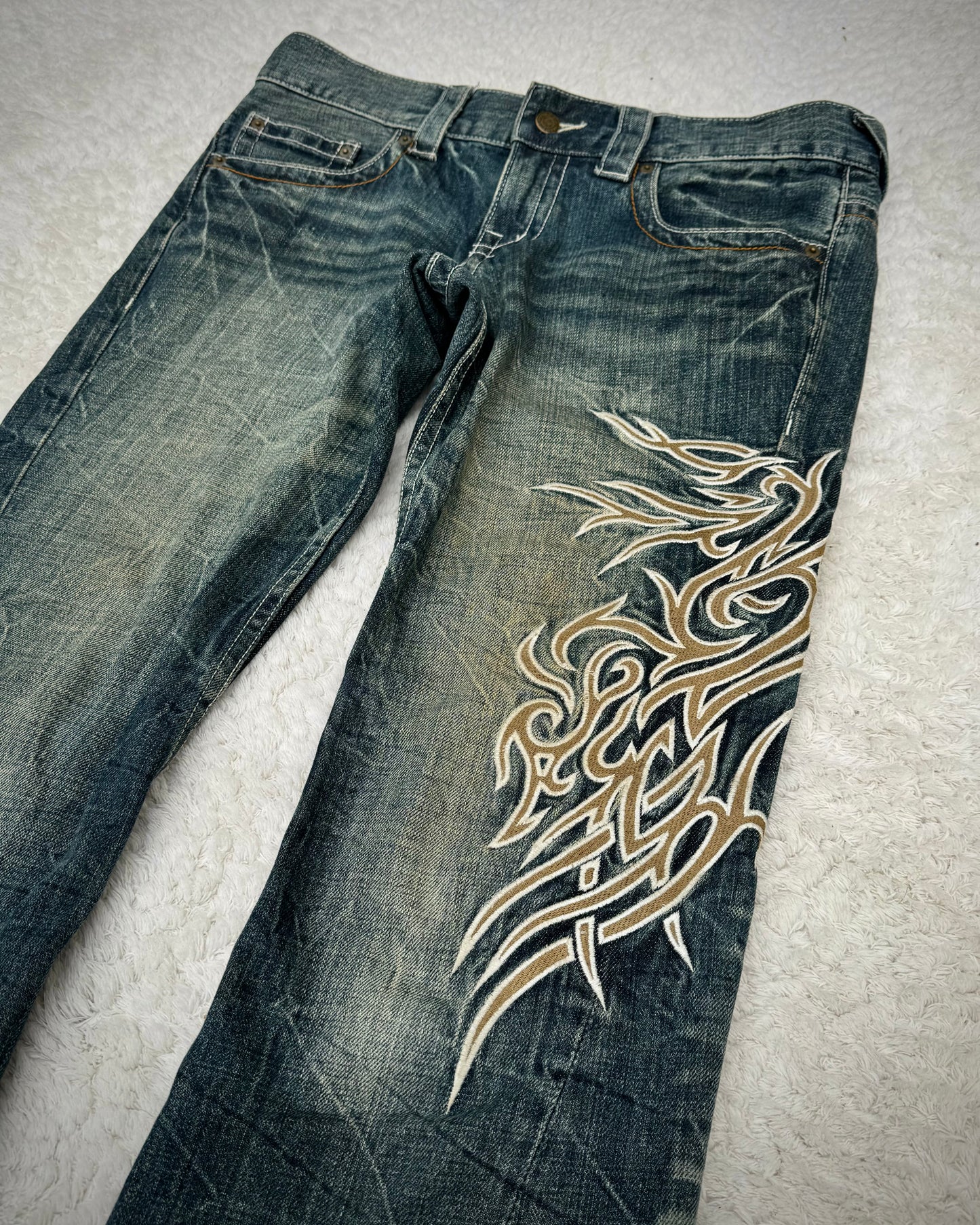 Tornado Mart Tribal Tattoo Embroidery Spiral Flared Jeans
