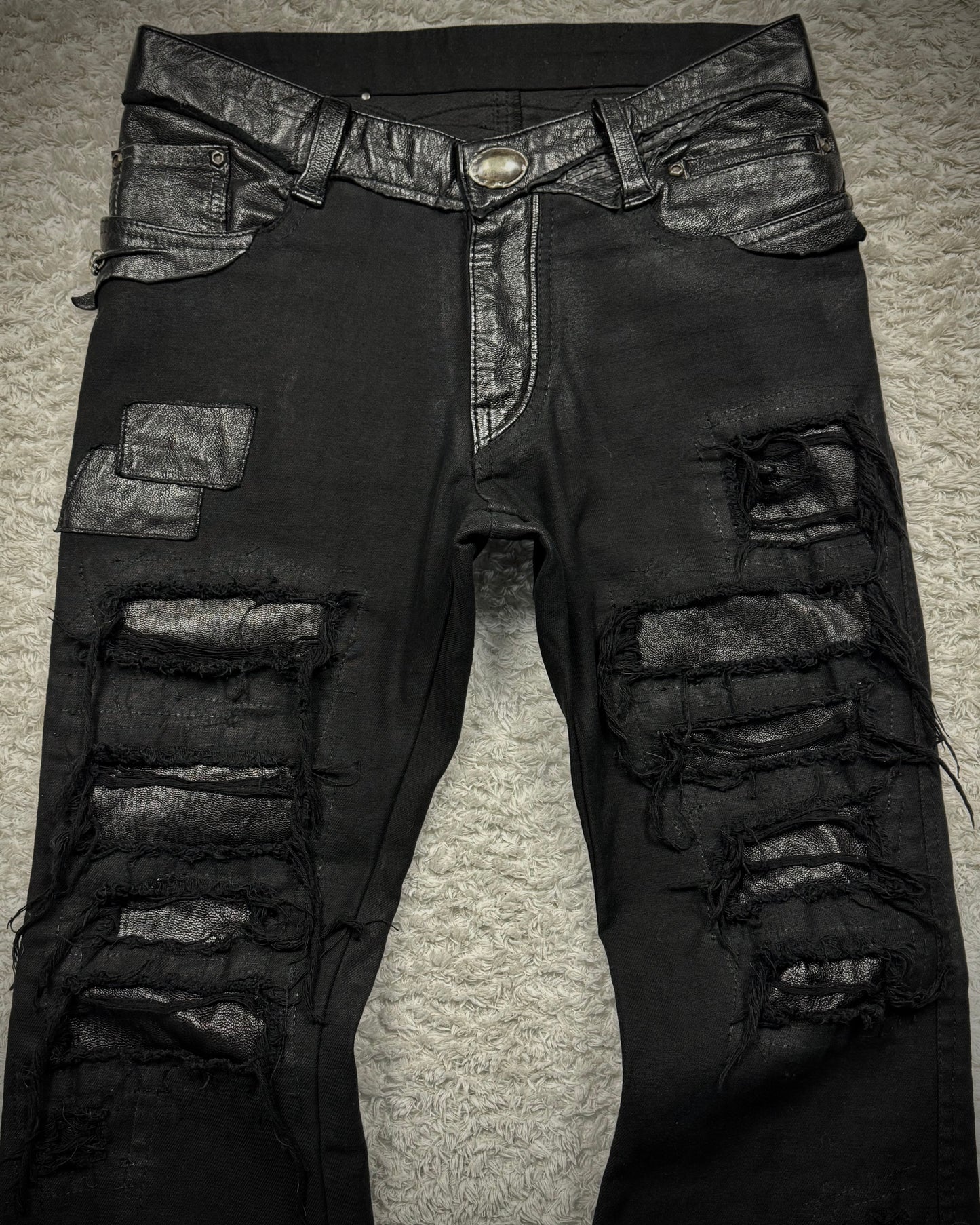 14th Addiction “Coyote 03” Python Leather Repaired Flared Pants