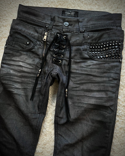 Kingz Life Double Waisted Studded Lace Up Denim