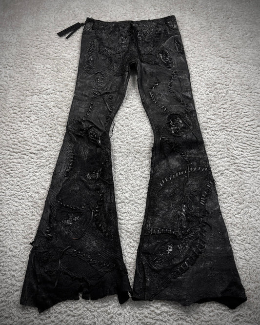 1vfudie “Noir” Scar Stitched Crocodile Leather Bell Bottom Flared Pants