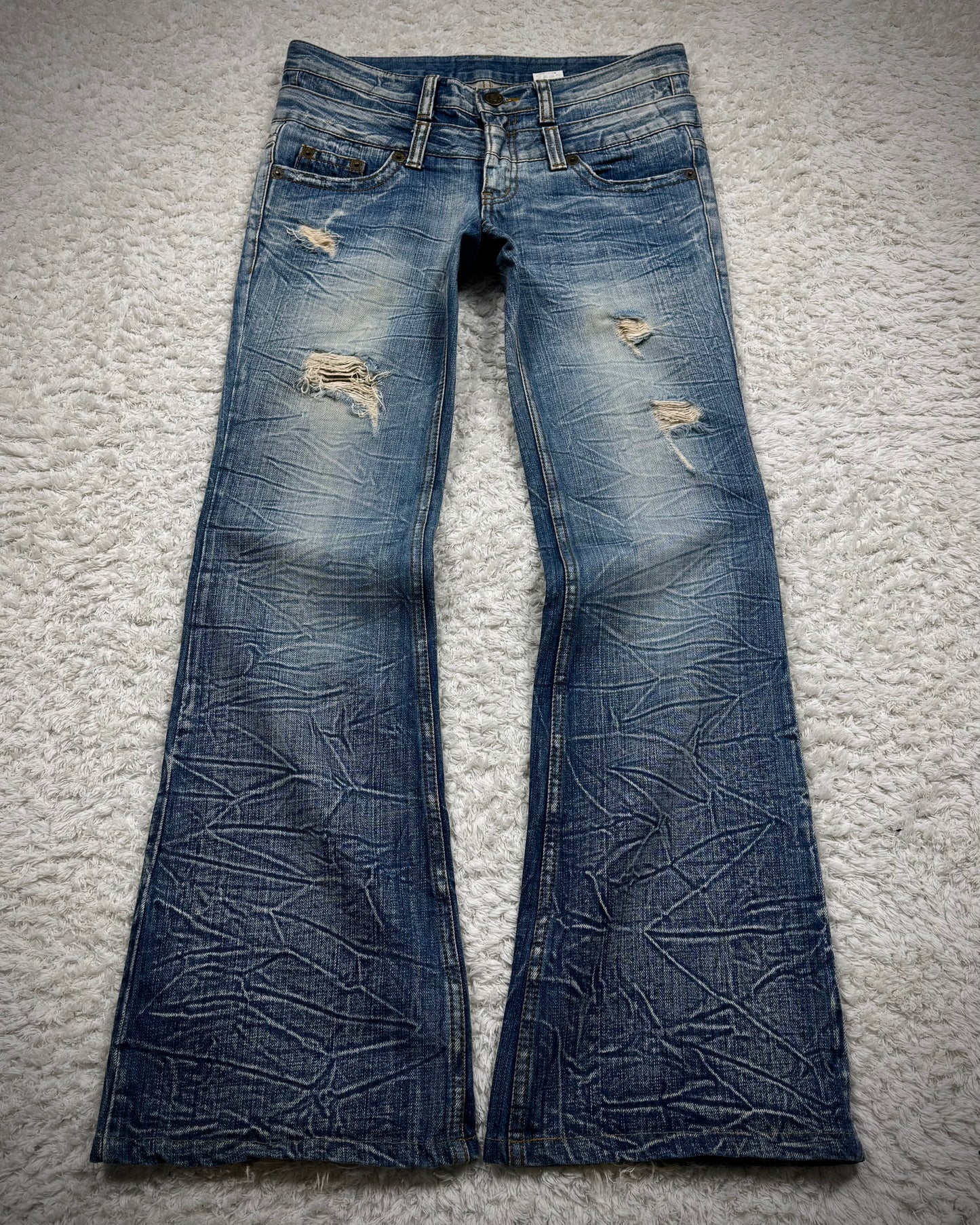 Agate Double Waisted Honeycomb Washed Flared Jeans