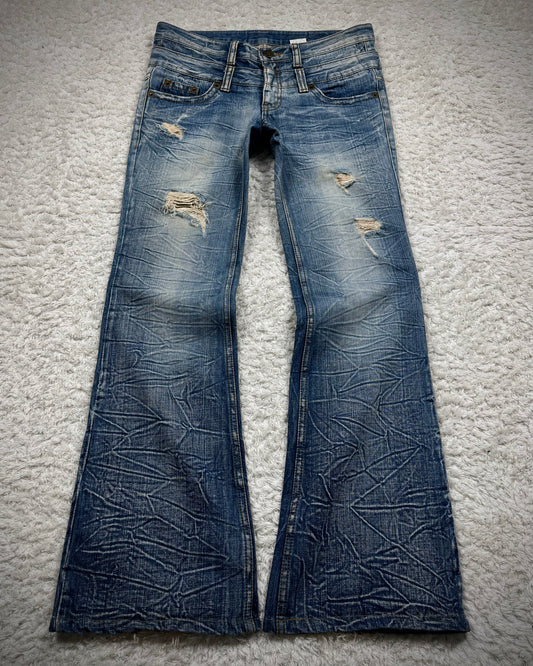 Agate Double Waisted Honeycomb Washed Flared Jeans