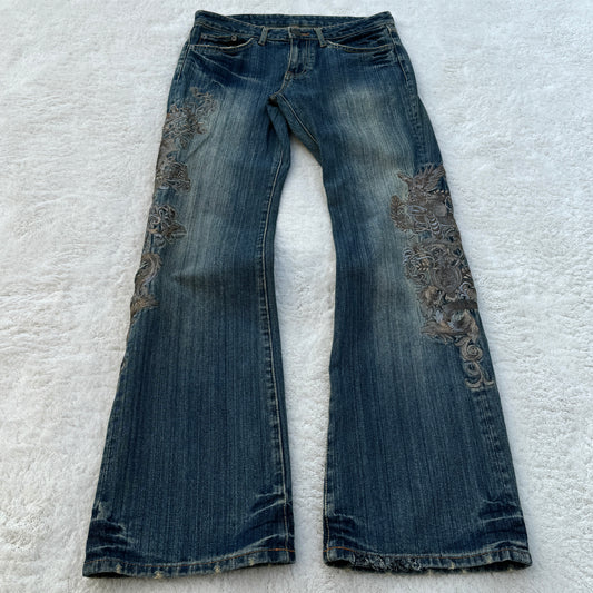 Vintage Washed Embroidery Flared Jeans