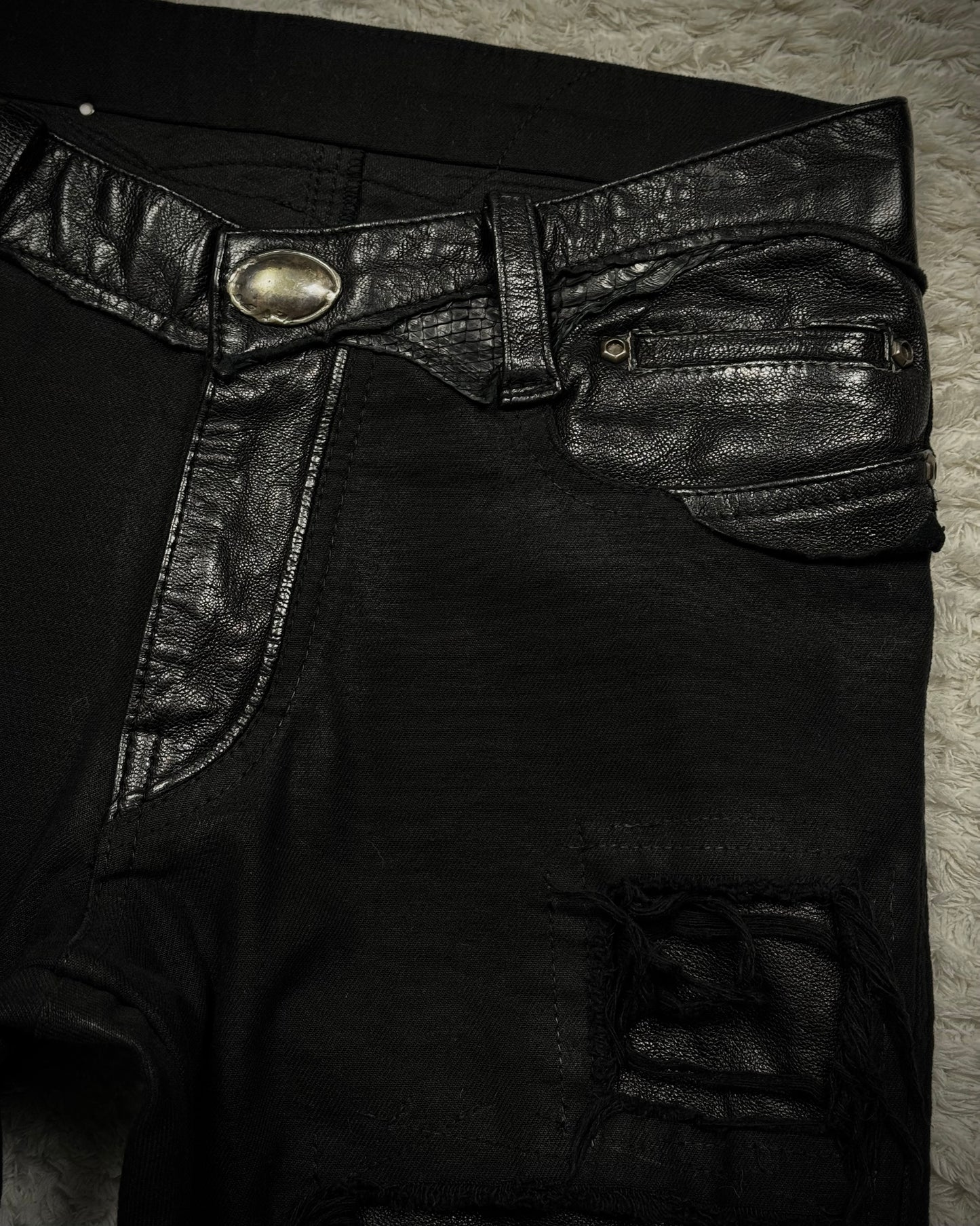 14th Addiction “Coyote 03” Python Leather Repaired Flared Pants