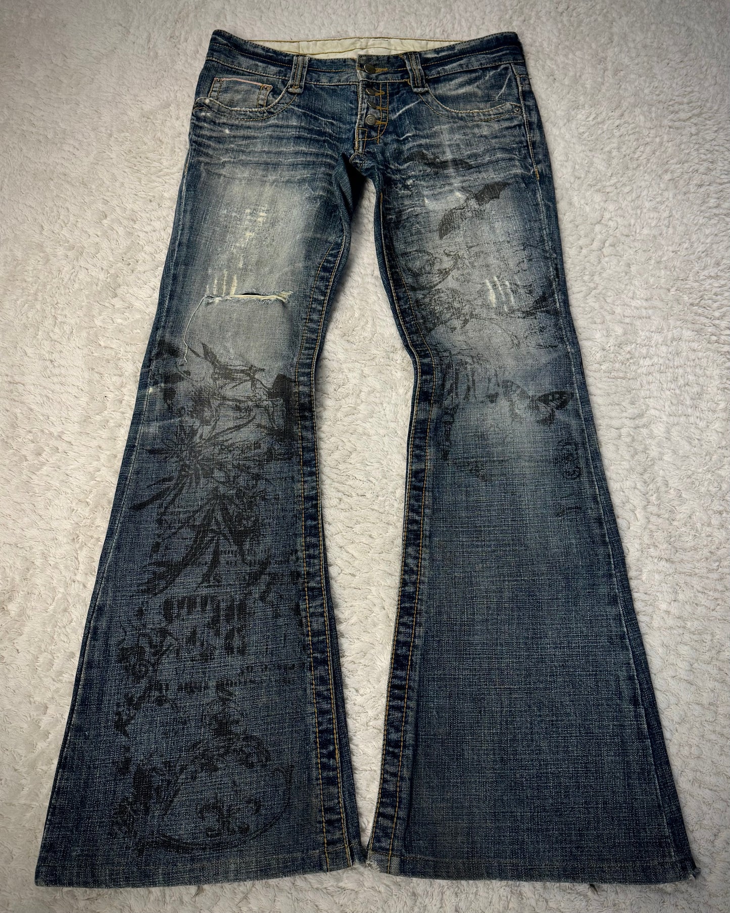 Tornado Mart Abstract Chaos Print Flared Jeans