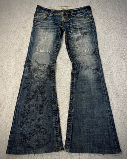 Tornado Mart Abstract Chaos Print Flared Jeans