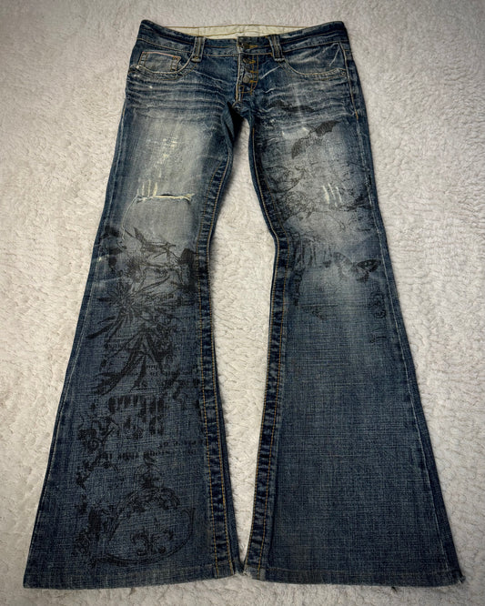 Tornado Mart Abstract Chaos Print Flared Jeans