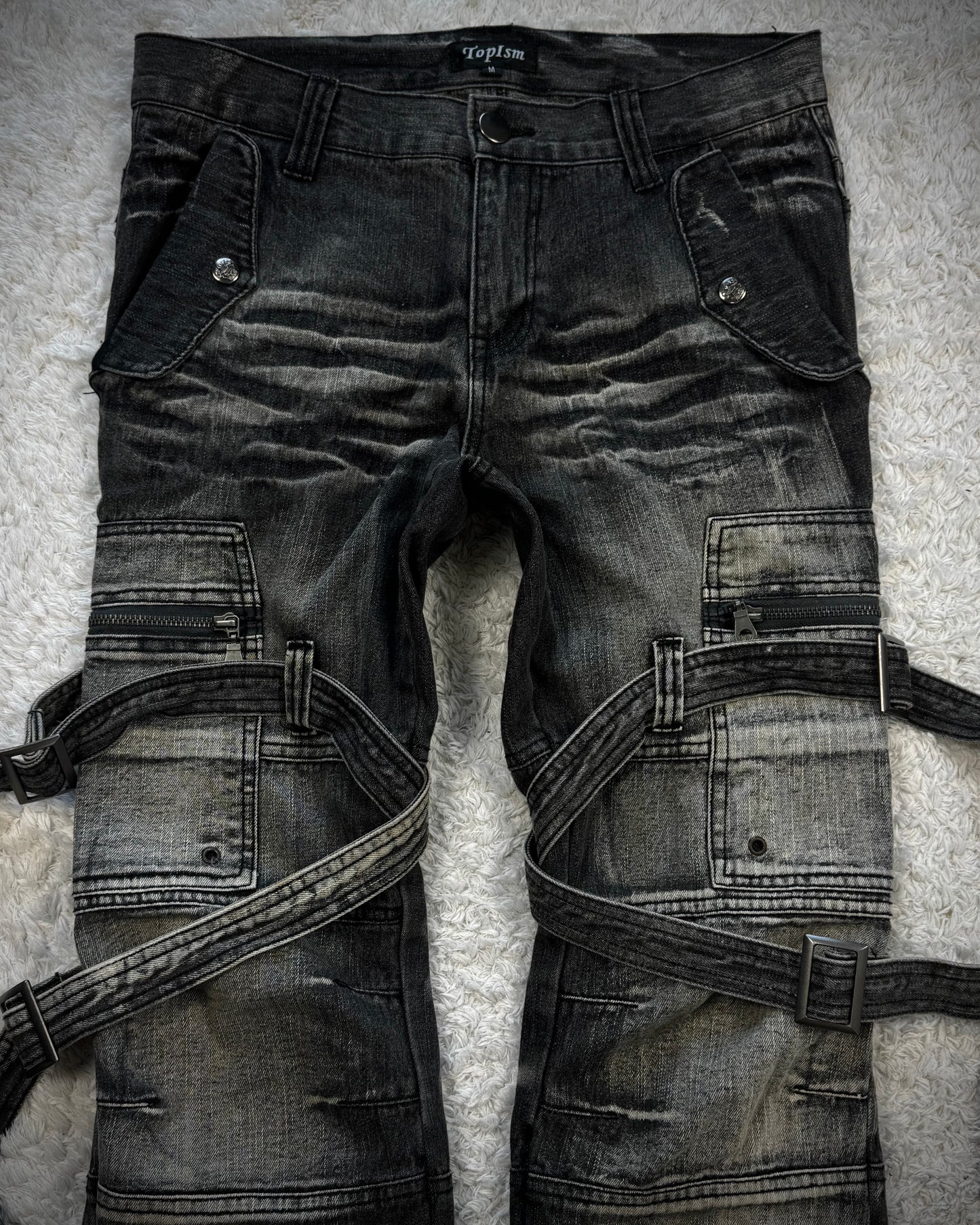 Topism Flared Whisker Washed Bondage Cargo Denim