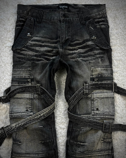 Topism Flared Whisker Washed Bondage Cargo Denim