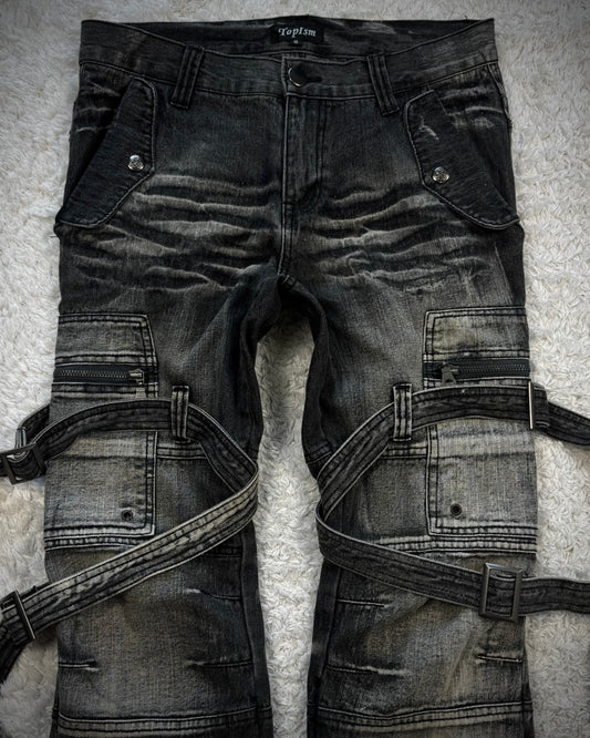 Topism Flared Whisker Washed Bondage Cargo Denim
