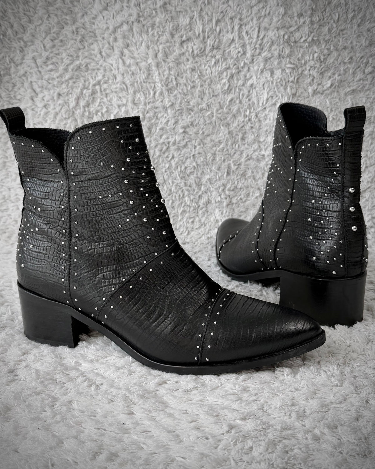 Sacha Reptile Textured Studded Leather Boots