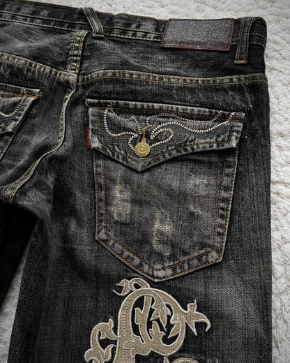 Tornado Mart Tribal Embroidery Spiral Flared Jeans