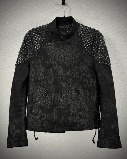 By The R Leopard Waxed Studded Lace Up Biker Jacket