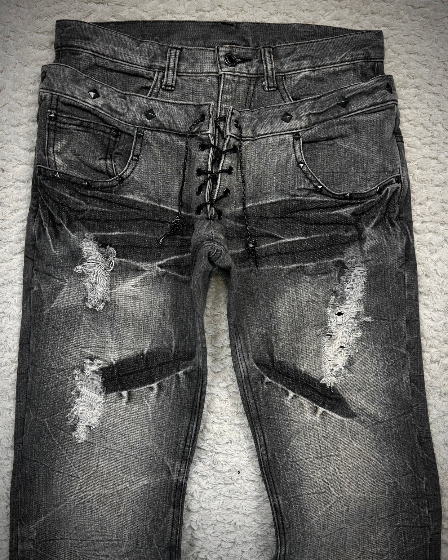 LAD Double Waisted Lace Up Studded Flared Jeans