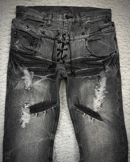 LAD Double Waisted Lace Up Studded Flared Jeans
