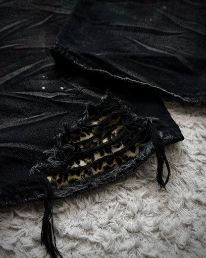 CavariA Leopard Repaired Clawmarks Flared Jeans
