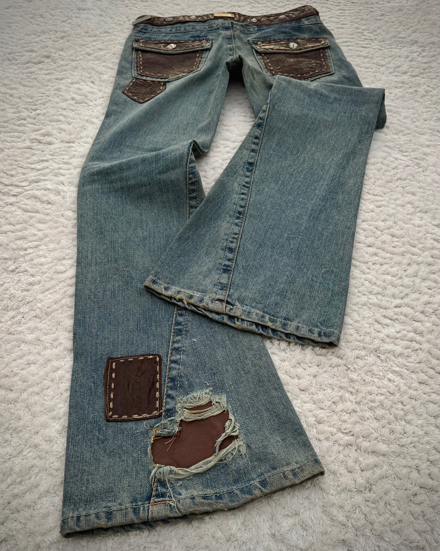 My Tribe Western Belted Steel Detailed Leather Repairs Flared Jeans