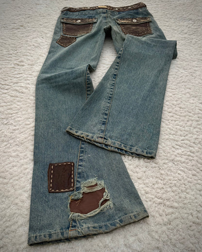 My Tribe Western Belted Steel Detailed Leather Repairs Flared Jeans